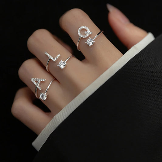 Shining Rhinestone New Fashion Initial Alphabet Opening Charm Jewelry Gift Ring