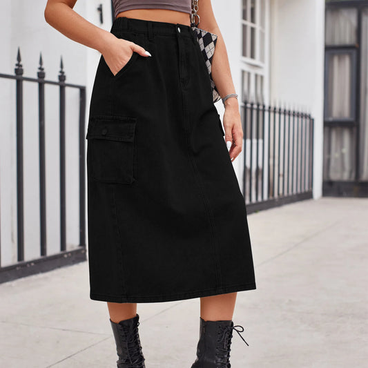 Elegant Straight Button Pockets Split Retro Maxi Denim Skirt