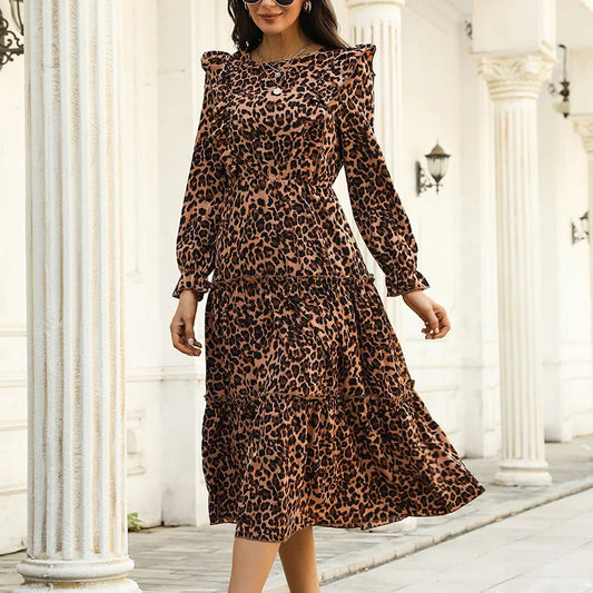 Elegant Fashion Women Leopard 2024 Autumn New Waist Slim Hem Ruffle Full Sleeve Print A-line Midi Dress