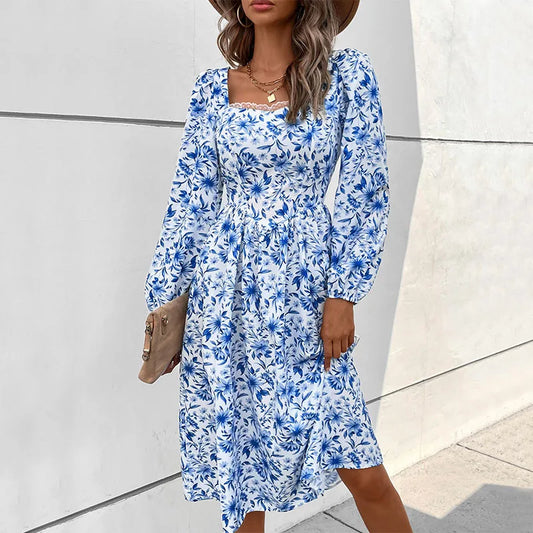 Elegant Fashion Women's Floral Print Lace Square Neck High Waist Slim Full Puff Sleeve A-line Midi Dress