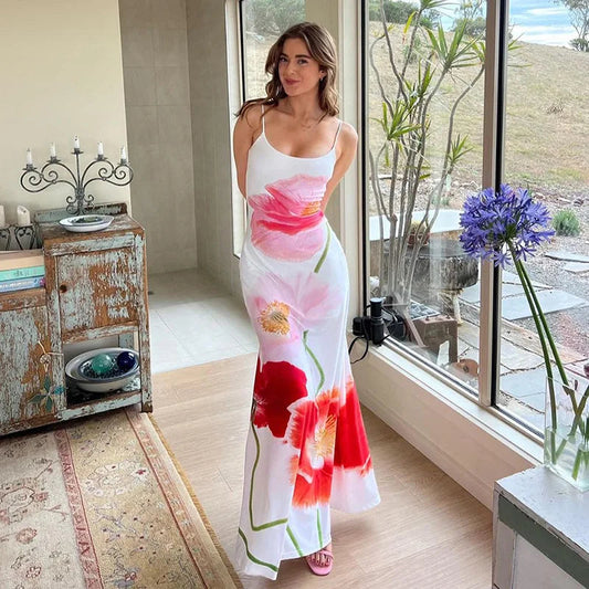 Elegant Floral Print Summer Sexy Spaghetti Straps Beach Holiday Party Backless Long Robe 2024 Maxi Dress