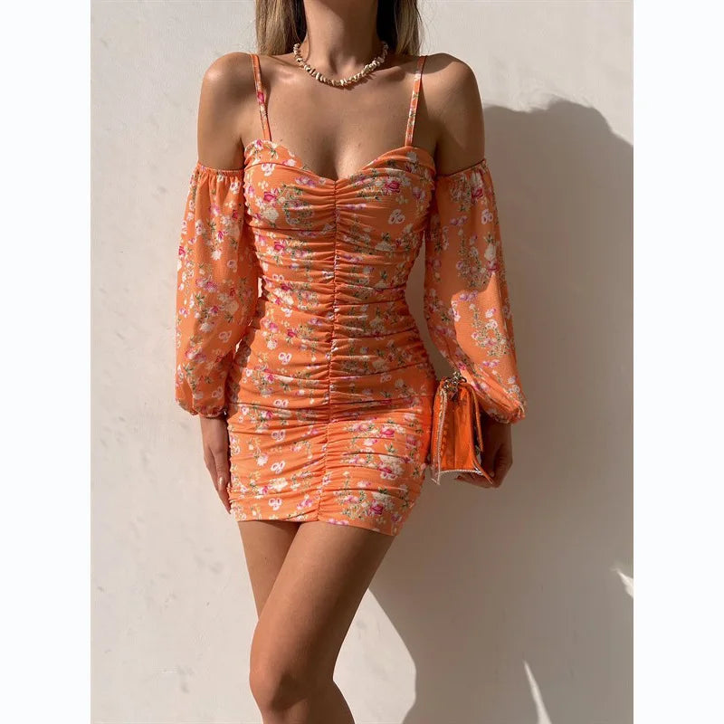 Elegant Floral Prints es for Spring/Summer Women's with Sleeve 2024 New Skinny Slash Neck Sexy Camisole Mini Dress