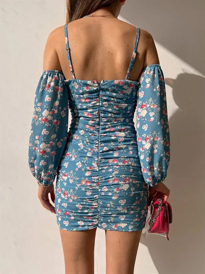 Elegant Floral Prints es for Spring/Summer Women's with Sleeve 2024 New Skinny Slash Neck Sexy Camisole Mini Dress