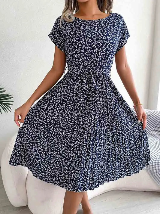 Fashion Floral Pleated A-Line Long Spring Summer Short Sleeve High Waist Chic A-Line Dress