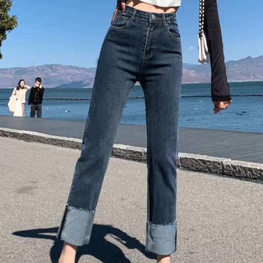 Elastic Slim Fit Straight Cuffed Denim Jeans