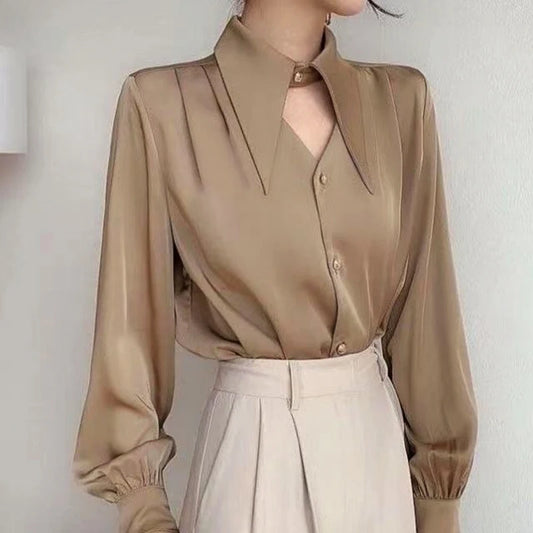 Long French Soft Elegant Lady Simple Hollow Out Blouse