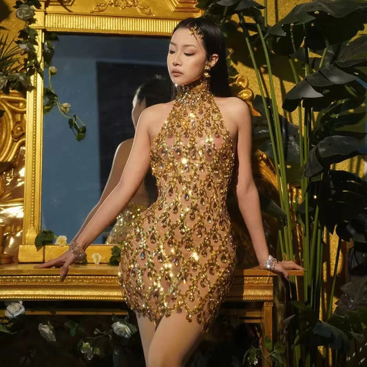 Mesh Luxury Evening Celebrate Birthday Party Transparent Gold Black Sequins Rhinestones Short Singer Stage Wear Prom Dress