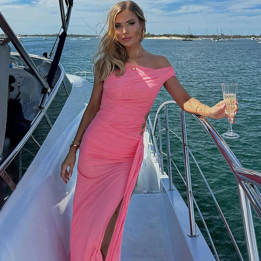 Pink Hollow Out Summer Sexy Inclined Shoulder Women Asymmetrical Sleeveless Elegant Slit Party Outifts Maxi Dress