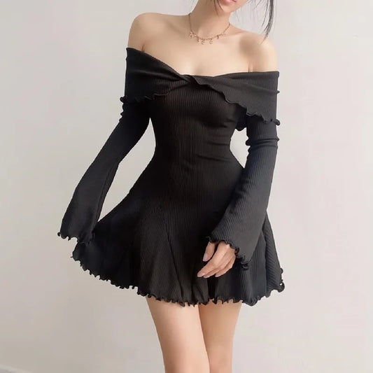 Sexy Black Autumn Strapless Off Shoulder Long Sleeves Knitting Mini Elegant Club Party A-Line Dress