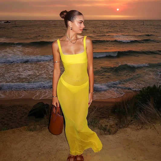 Sexy See Through Mesh Beach Fashion Square Collar Straps Sleeveless Bodycon Summer Bikini Cover Up 2024 Maxi Dress