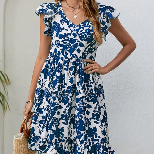 Skinny Floral Prints es for Summer Women's 2024 New V-neck Leaf Short Flying Sleeve A-line Woman Mini Dress