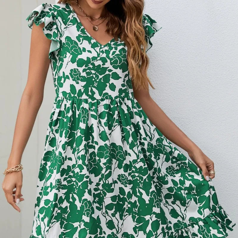 Skinny Floral Prints es for Summer Women's 2024 New V-neck Leaf Short Flying Sleeve A-line Woman Mini Dress