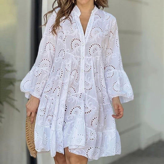 Summer Casual Women Lace Elegant V-neck Loose Hollow Embroidery White Vintage Beach Sexy Mini Lace Dress