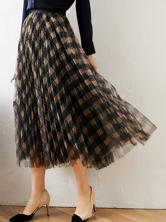 Vintage Classic Grid Pattern High Waist Pleated Midi Skirt