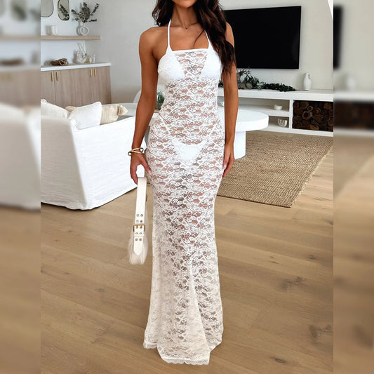 Sexy Vestidos Lace Hollow Out Sleeveless White Long Bodycon Women Evening Party Fashion Elegant Lace Dress
