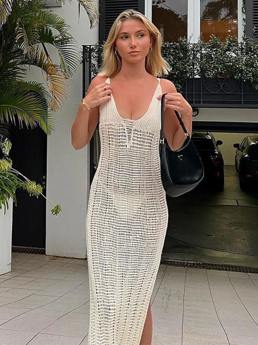 Summer Beach Crochet Maxi Sexy Hollow Out Cover-Ups Bodycon V Neck Knitted Long Club Party Streetwear Lace Dress